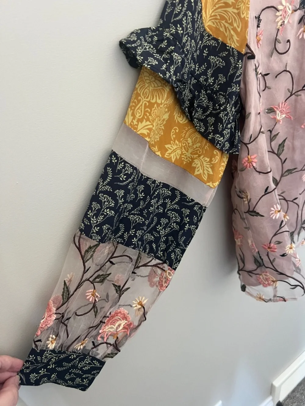 Anthropologie Let Me Be Patchwork Boho Blouse Sheer Embroidered Floral Design M - Picture 2 of 16